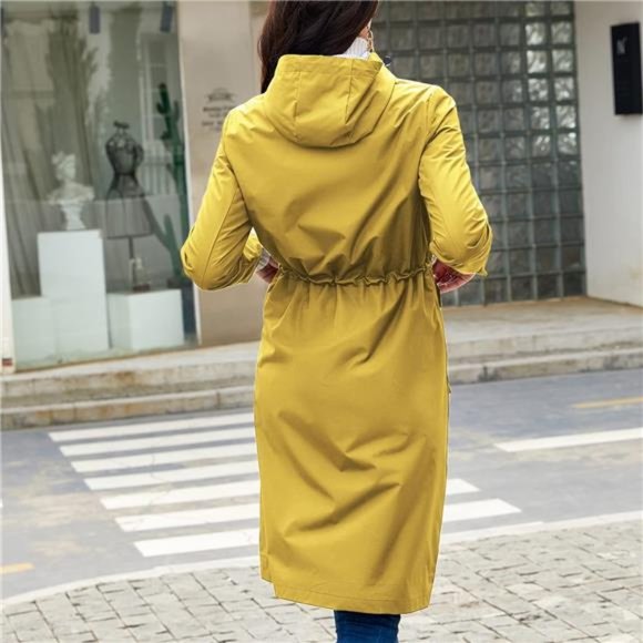 Women's Hooded Rain Jacket Long Waterproof Raincoat Full Zip Midi Windbreaker - Picture 2 of 7